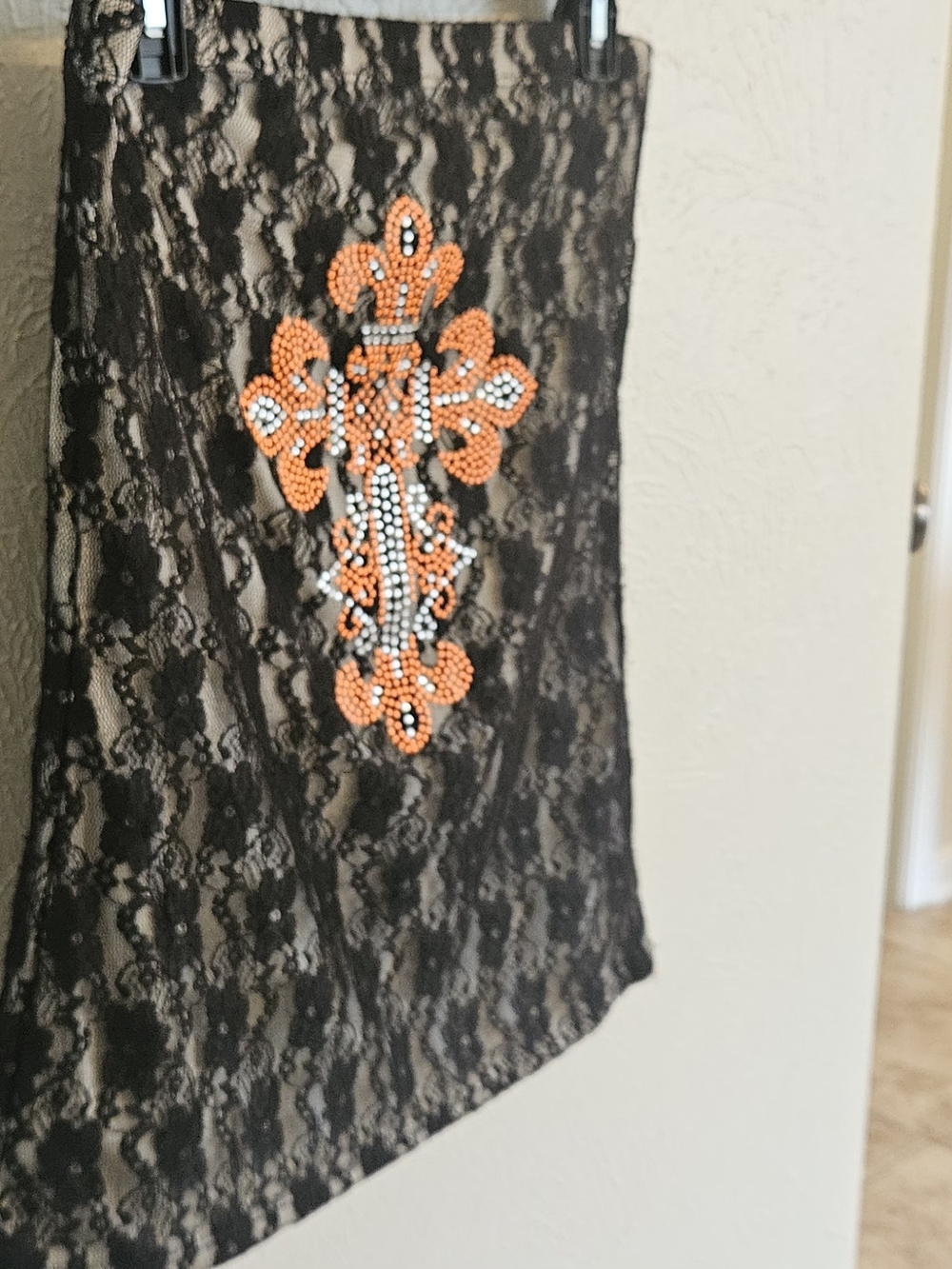 L&B Black Lace Tube Top Camisole with Orange & White Beaded Cross